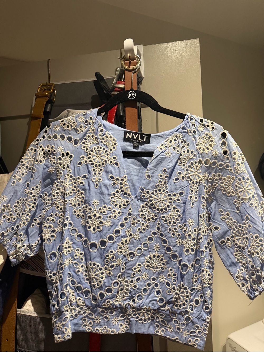 NVLT Light Blue Eyelet Lace Short Sleeve Blouse